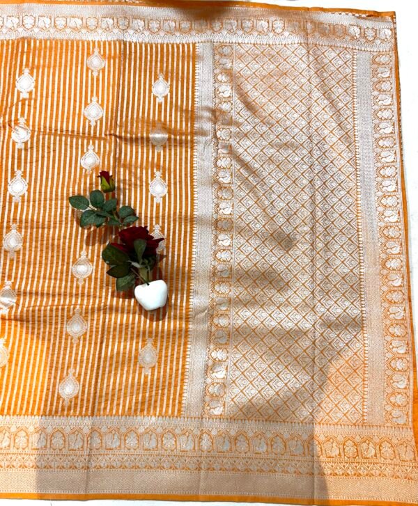 Orange colour silk georgette silver zari stripes buta saree