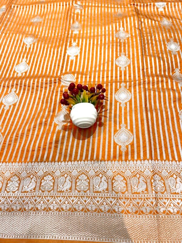 Orange colour silk georgette silver zari stripes buta saree - Image 2