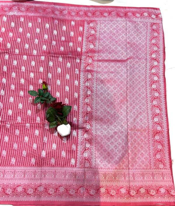 Cherry colour silk georgette silver zari flower weaving saree