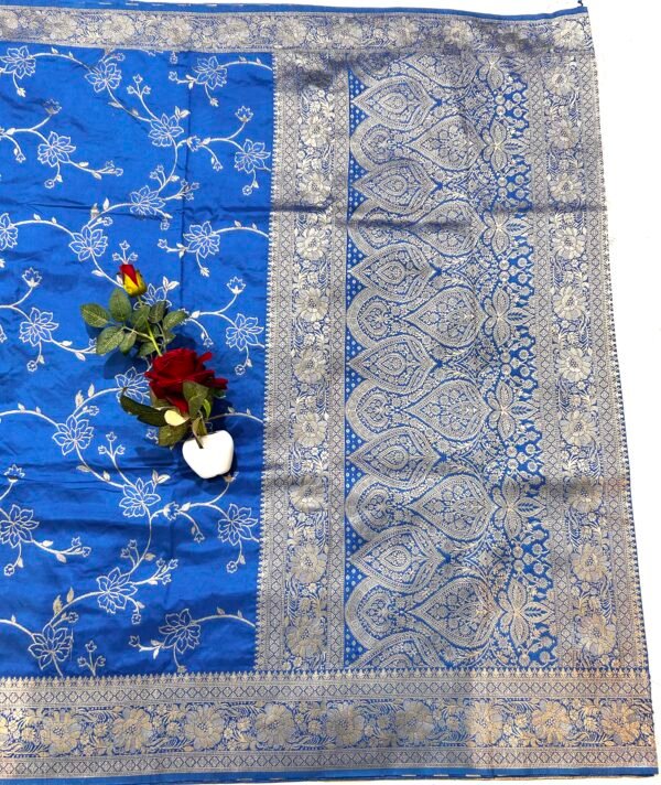 German blue colour H.O silk flower jaal saree