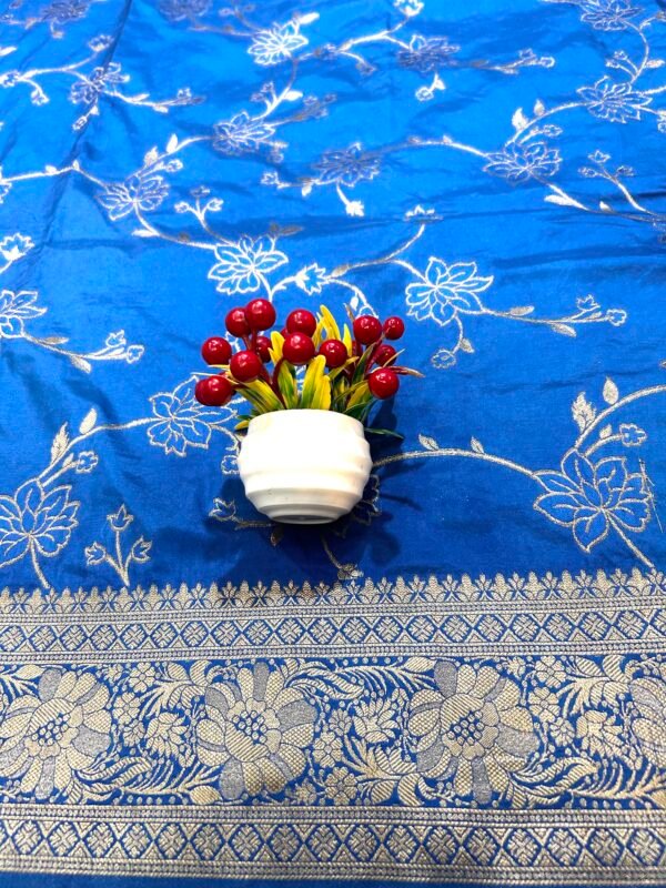 German blue colour H.O silk flower jaal saree - Image 2