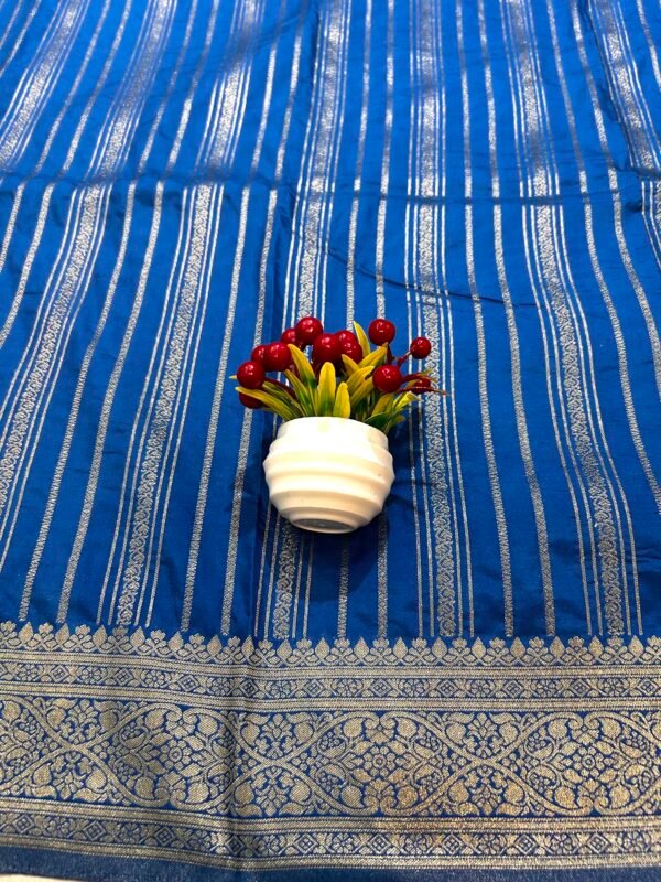 German blue colour H.O silk stripes line saree - Image 2