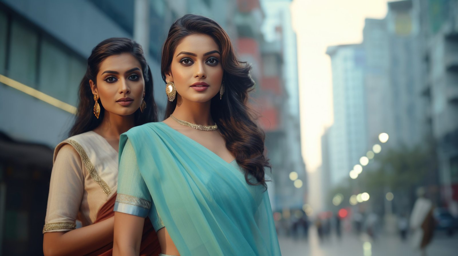 two beautiful Indian women wearing traditional saree on the street, two beautiful Indian women wearing traditional saris, standing next to each other. They are posing against a city background, showcasing their stunning outfits and making for an eye-catching photo.