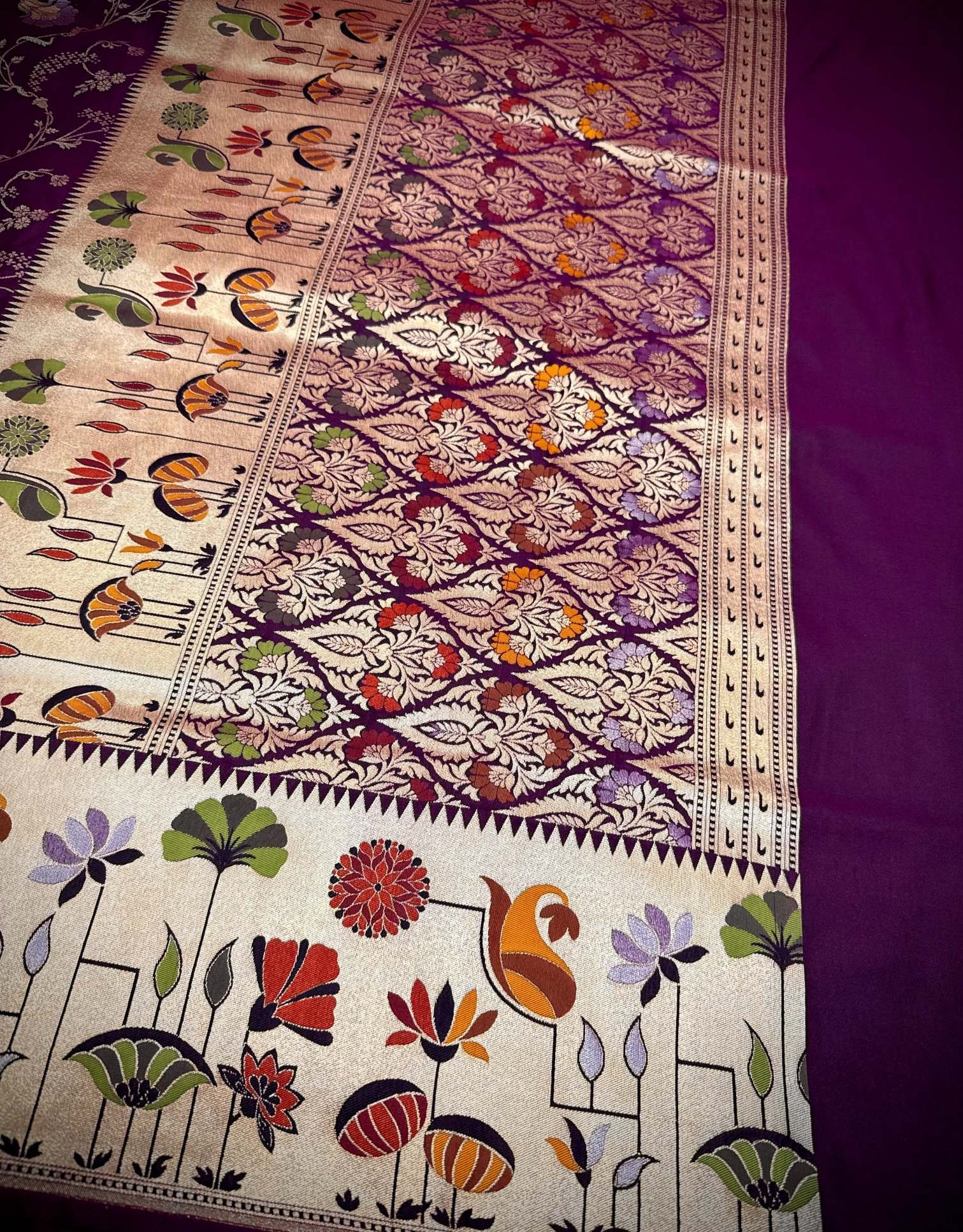 Elegant Purple Katan Saree Fabric with Floral Weaving - Image 2