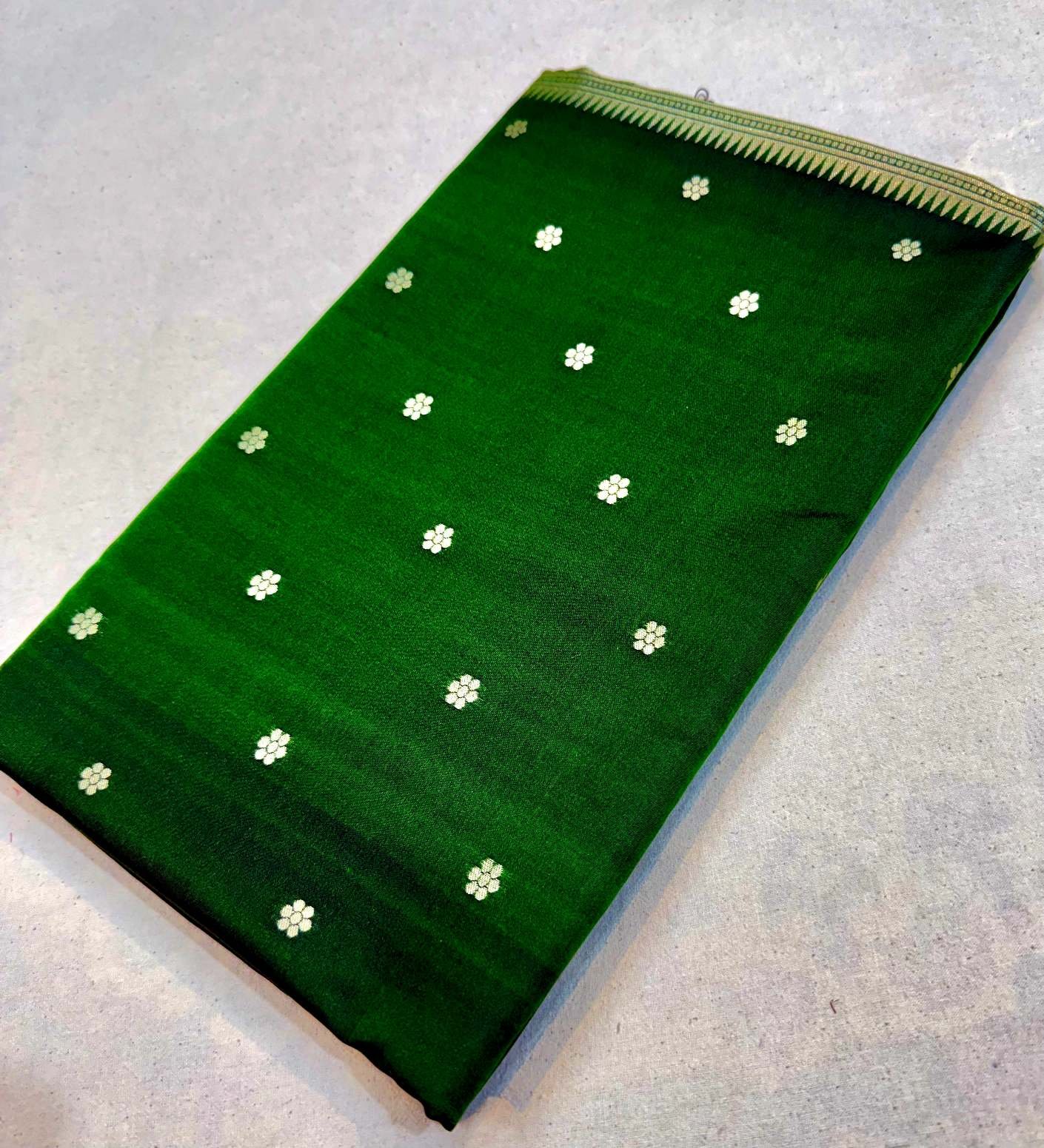Emerald Green Katan Silk Saree with Gold Floral Buttas