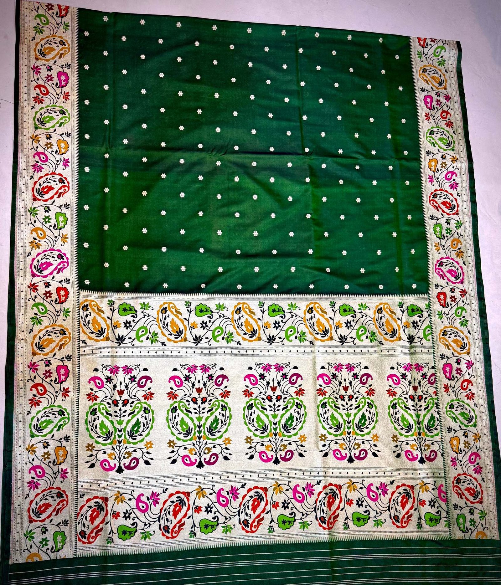 Emerald Green Katan Silk Saree with Gold Floral Buttas - Image 3