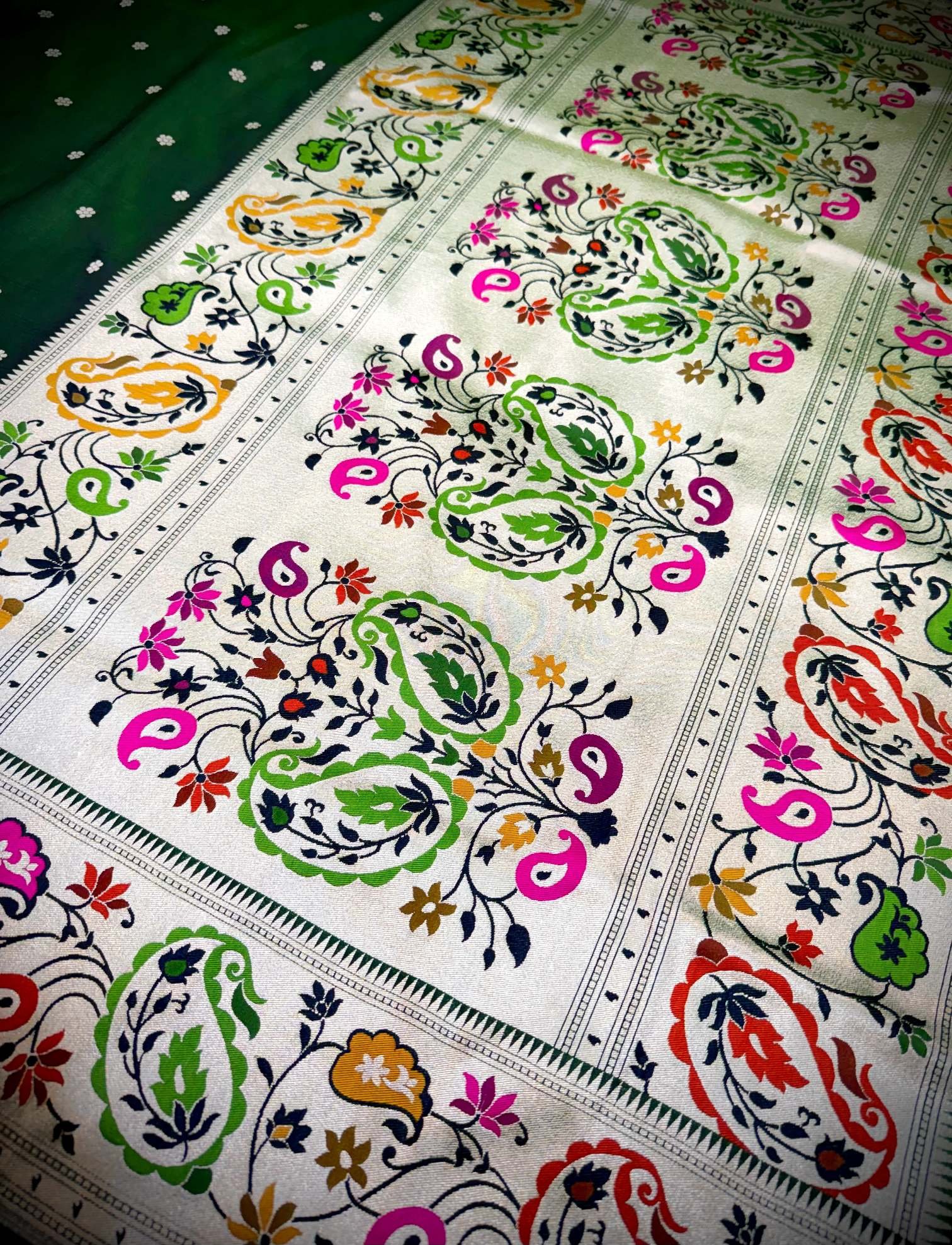 Emerald Green Katan Silk Saree with Gold Floral Buttas - Image 2