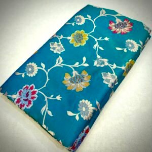 Teal Blue Katan Silk Saree Fabric with Multicolor Floral Weaving