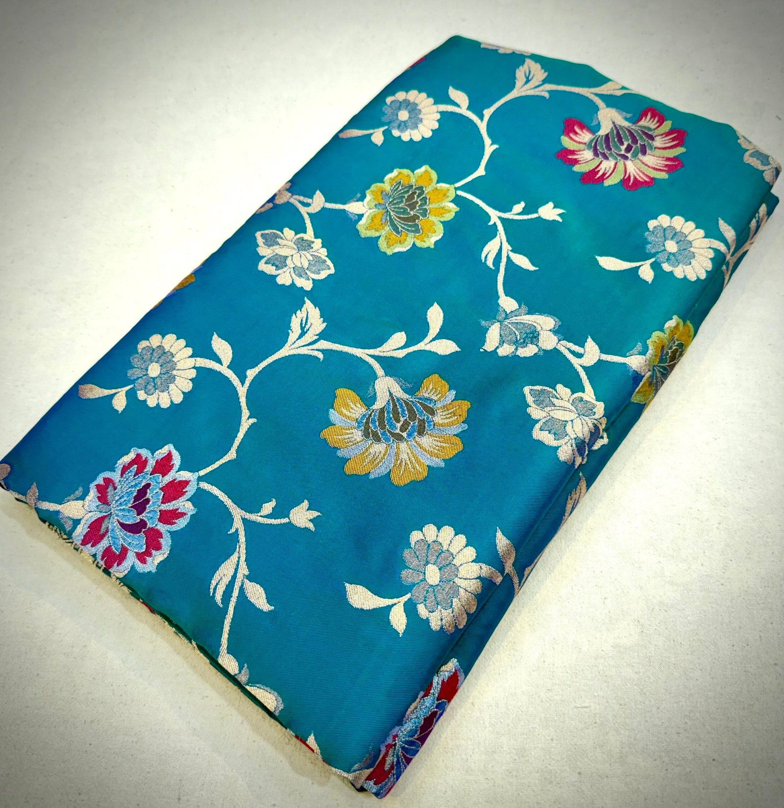 Teal Blue Katan Silk Saree Fabric with Multicolor Floral Weaving