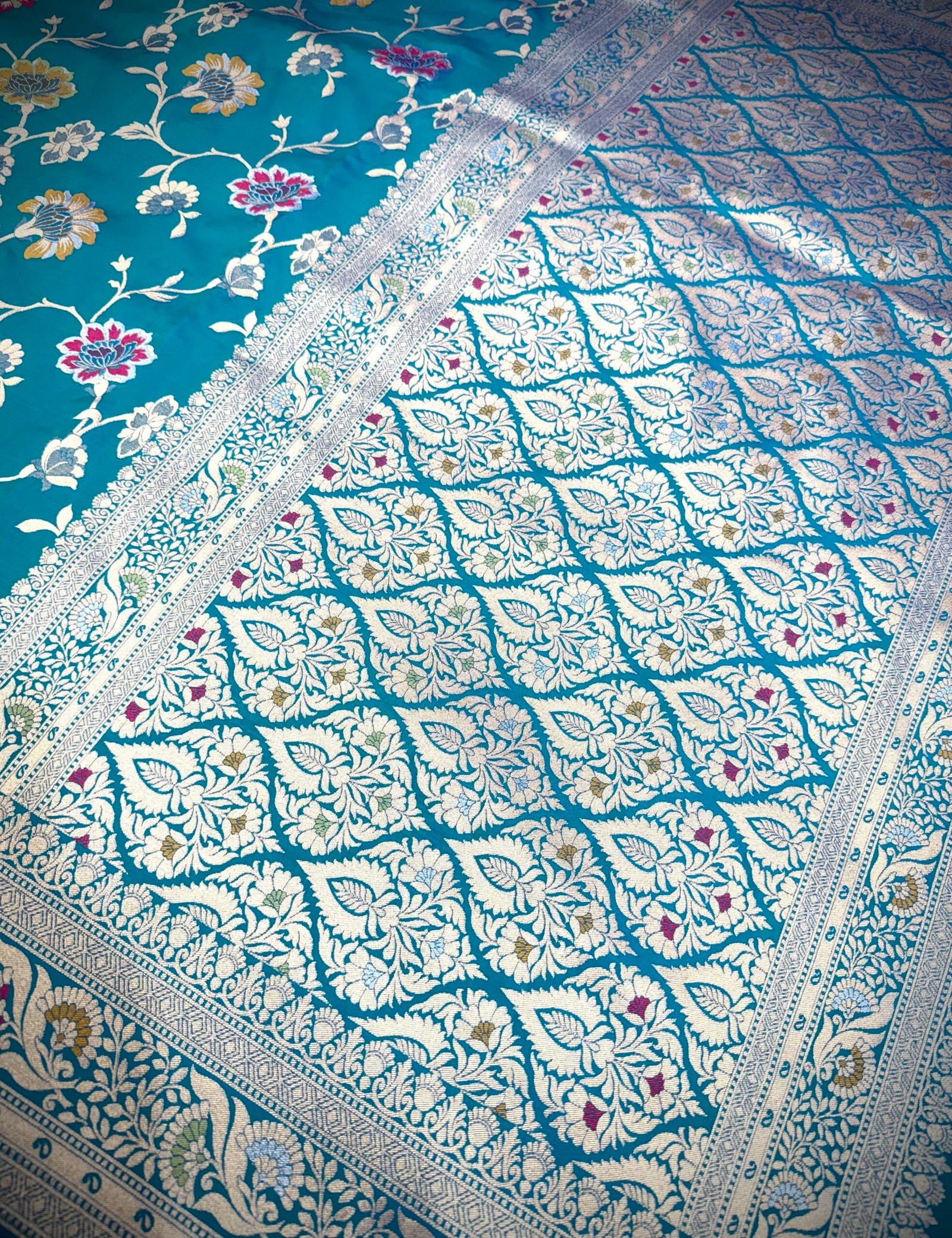 Teal Blue Katan Silk Saree Fabric with Multicolor Floral Weaving - Image 4