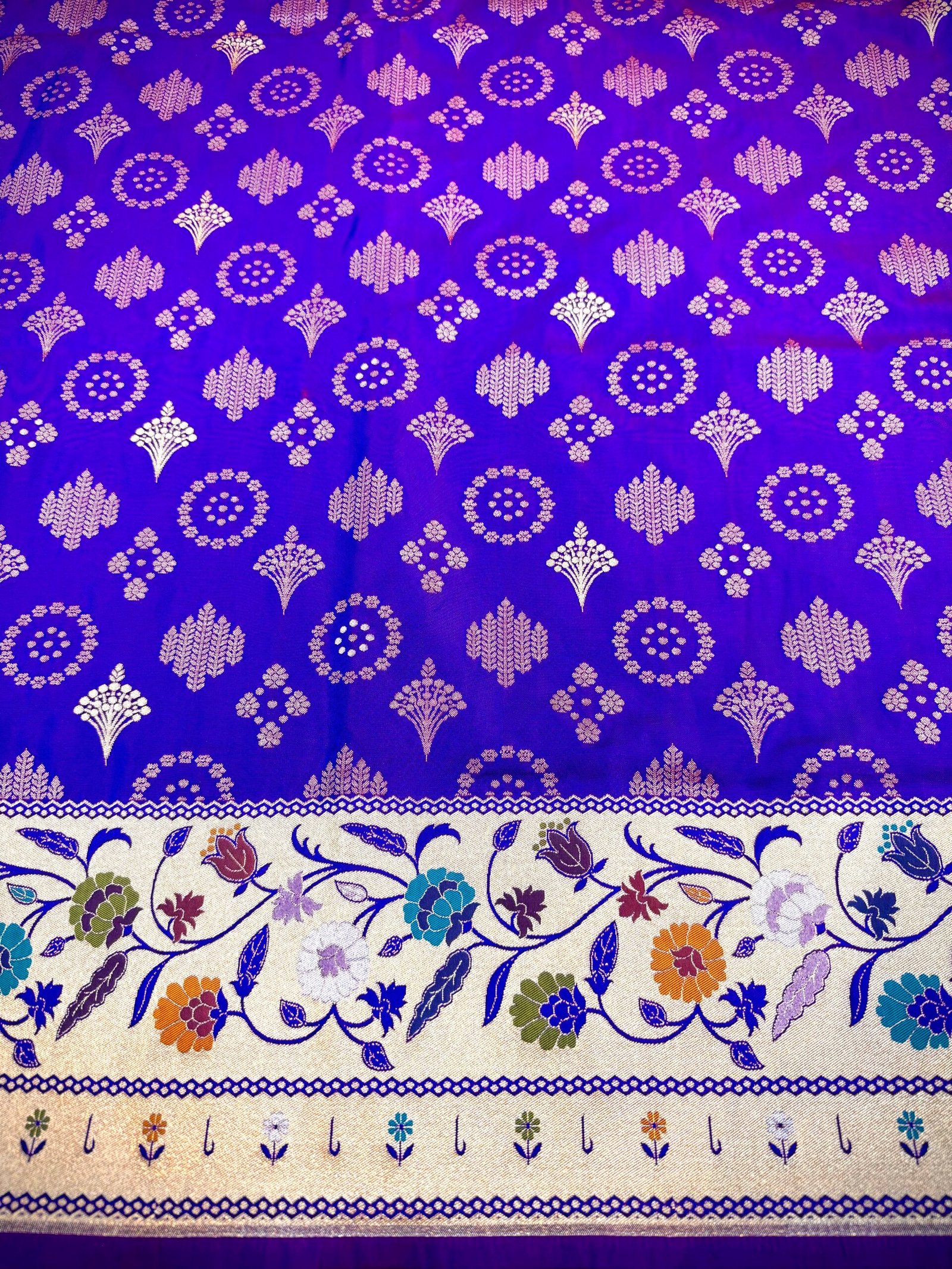 Royal Blue Mashru Silk Saree Fabric with Traditional Butta Weaving - Image 3