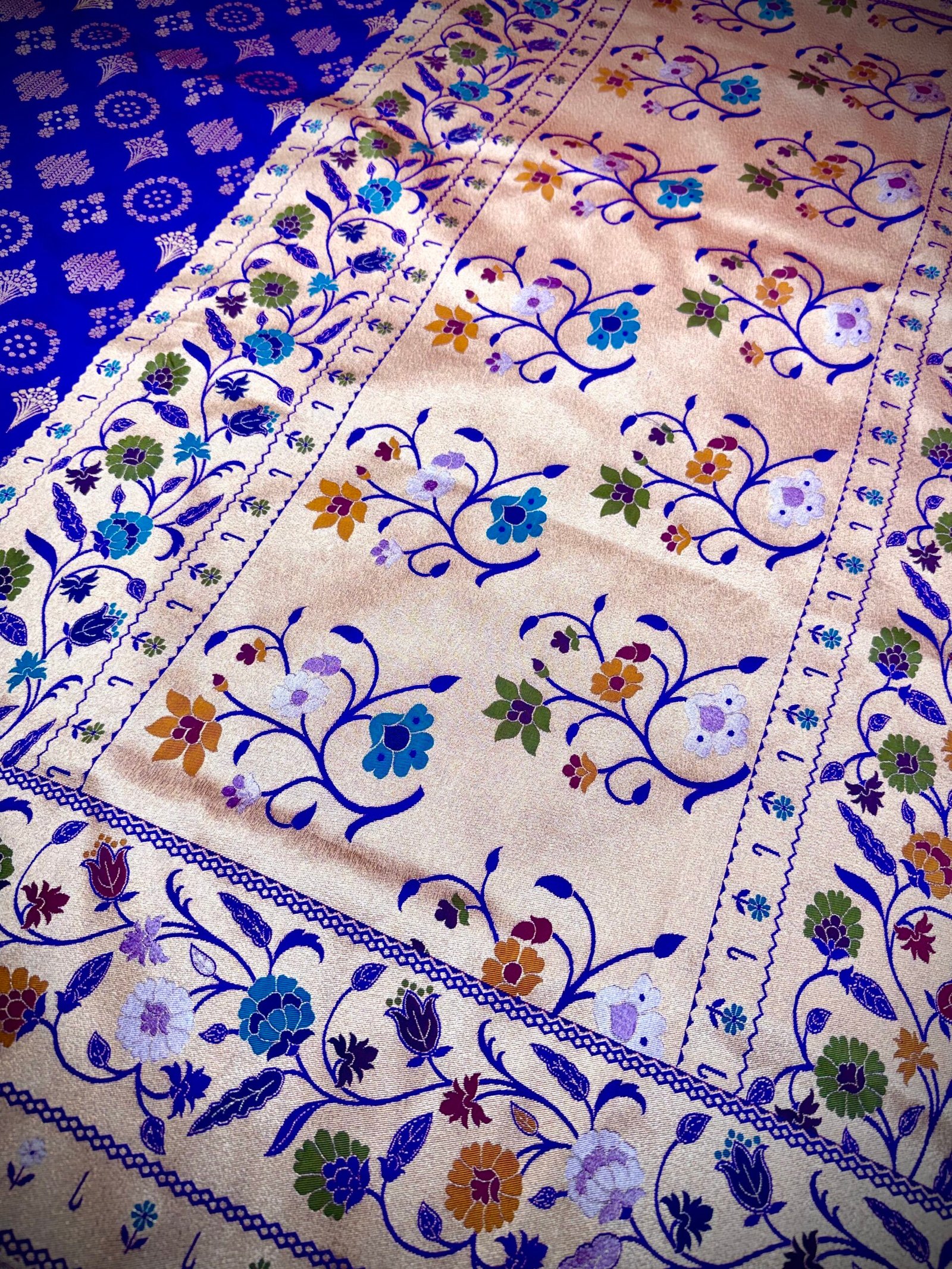 Royal Blue Mashru Silk Saree Fabric with Traditional Butta Weaving - Image 4