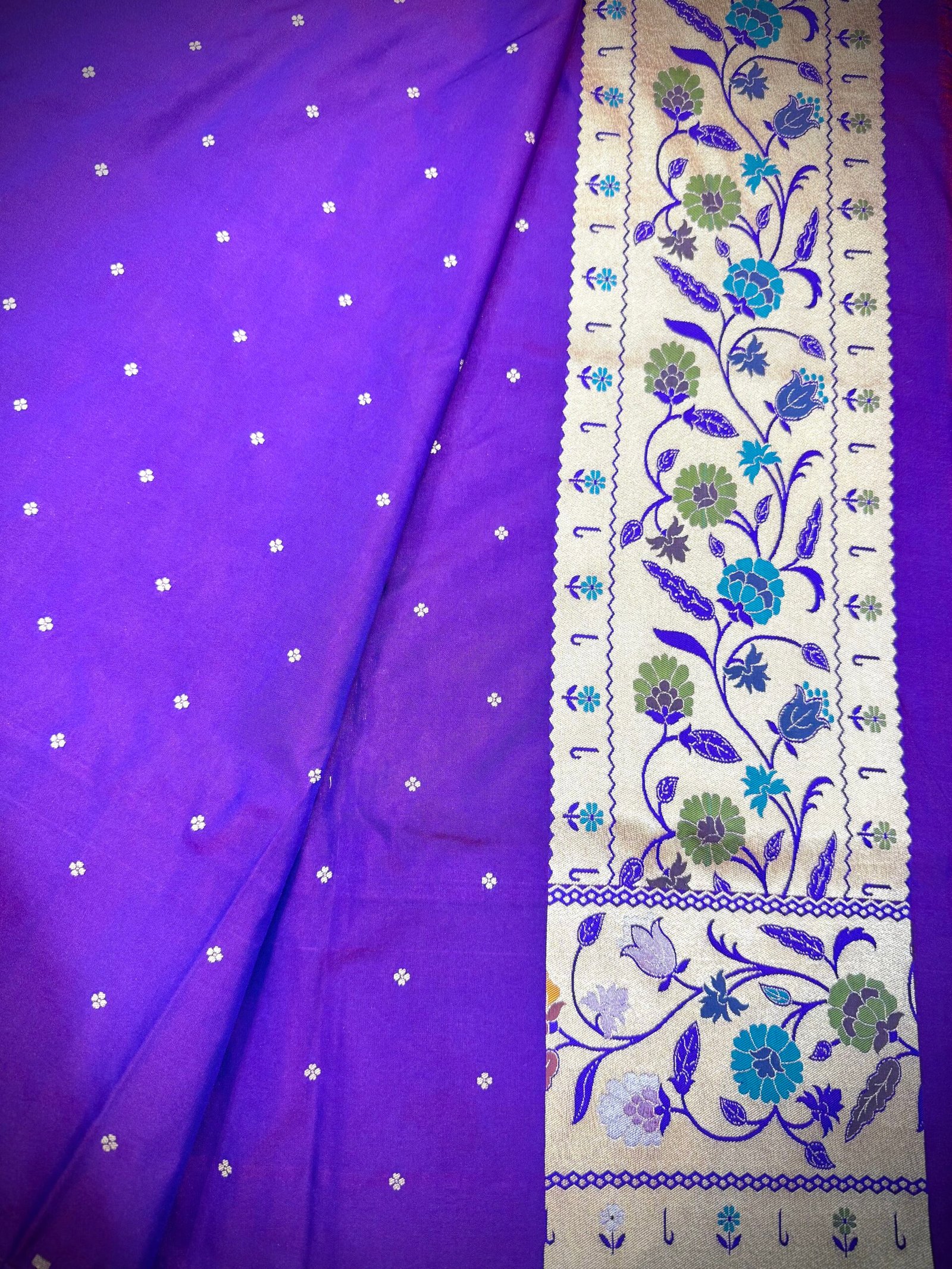 Royal Blue Mashru Silk Saree Fabric with Traditional Butta Weaving - Image 5