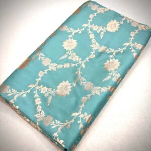 Teal Blue Floral Katan Silk Saree with Gold Woven Vines