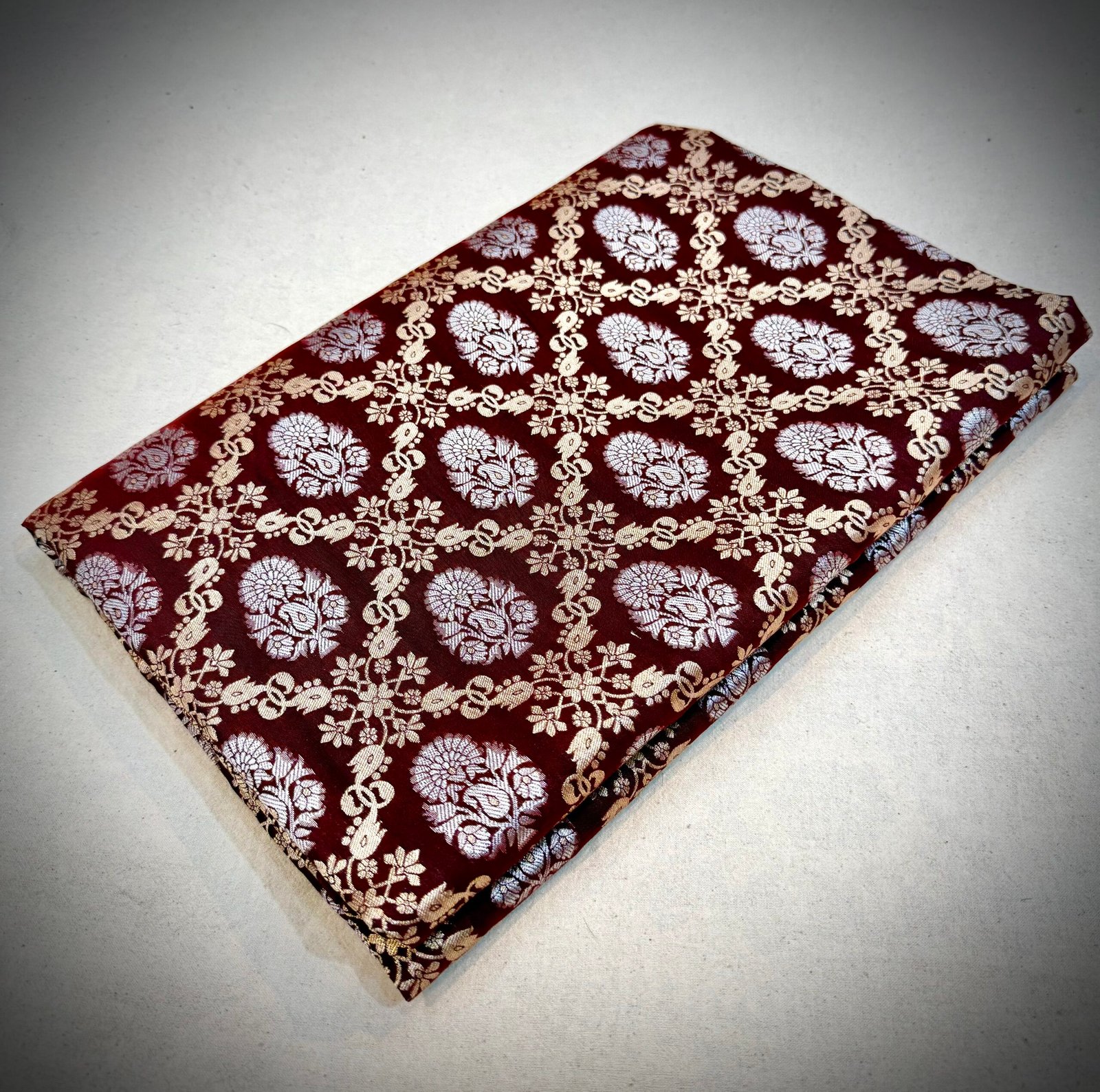 Dark maroon colour Banarasi mashru katan silk saree jaal pattern golden and silver zari weaving