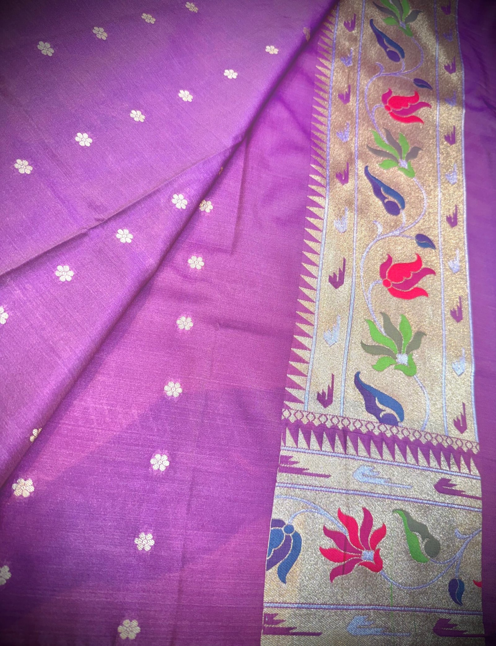 Onion pink colour Banarasi mashru silk paithani soft golden and silver zari weaving - Image 5