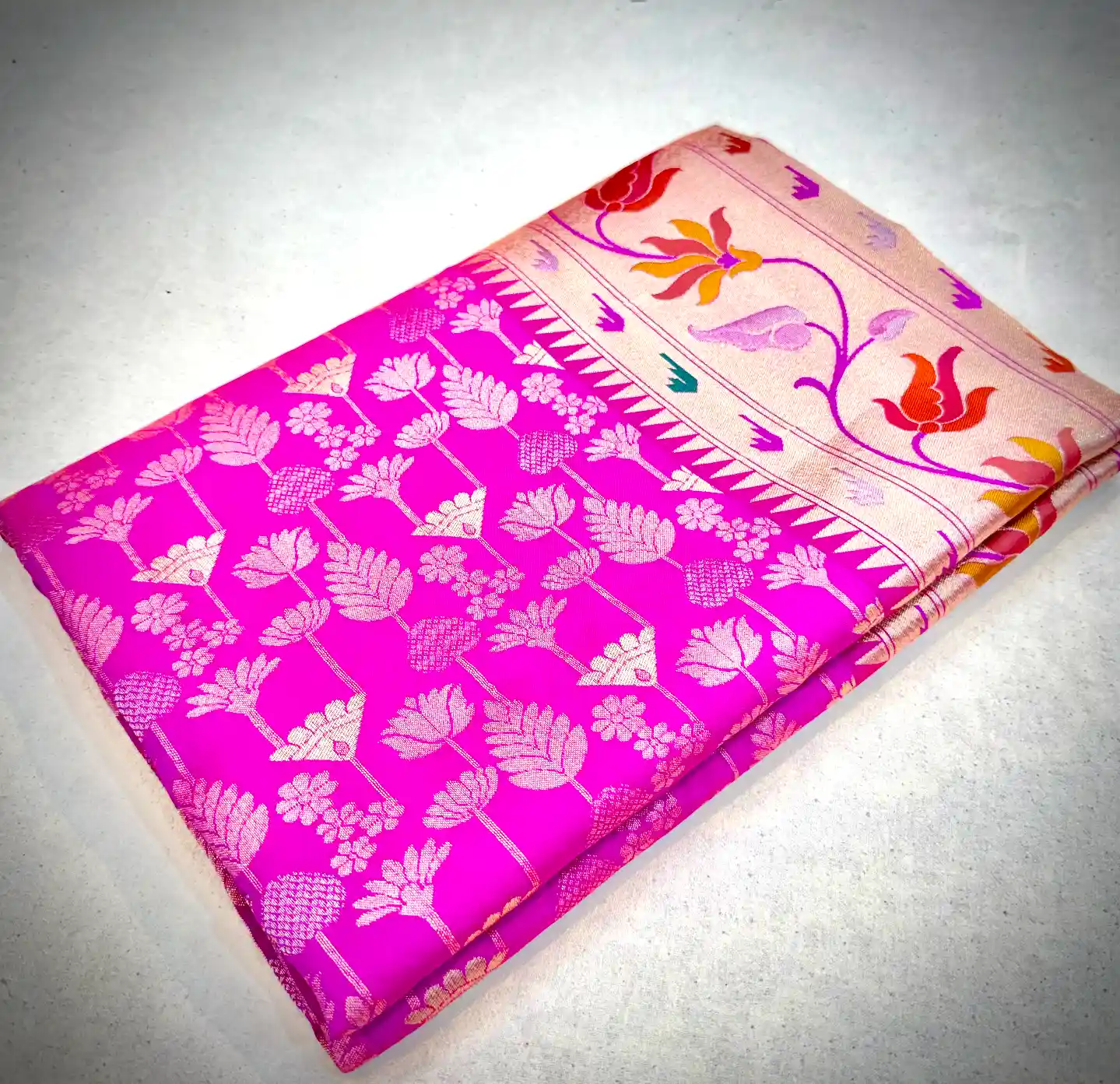 Magenta Pink Katan Silk Saree with Floral & Leaf Motif Weaving
