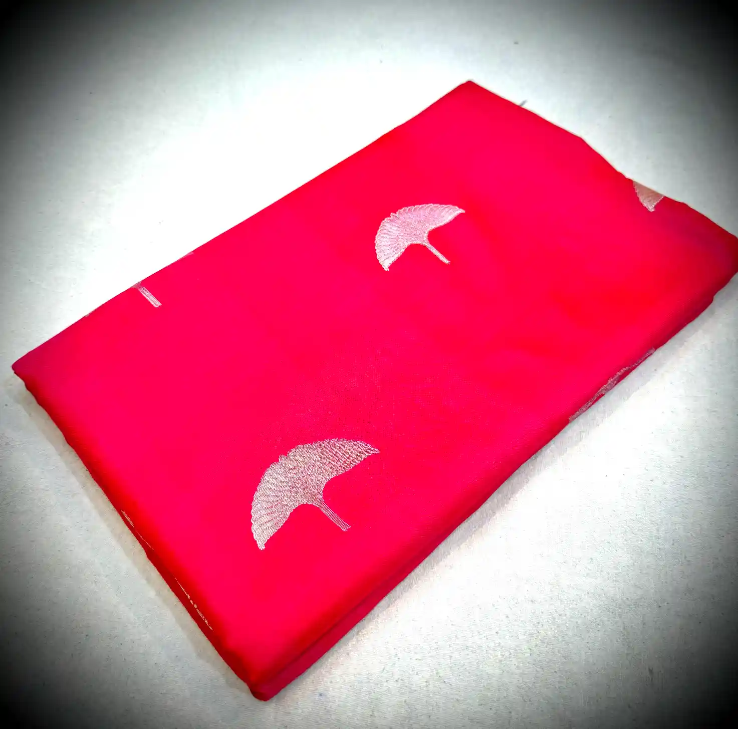 Bright Red Katan Silk Saree with Minimal Leaf Motifs