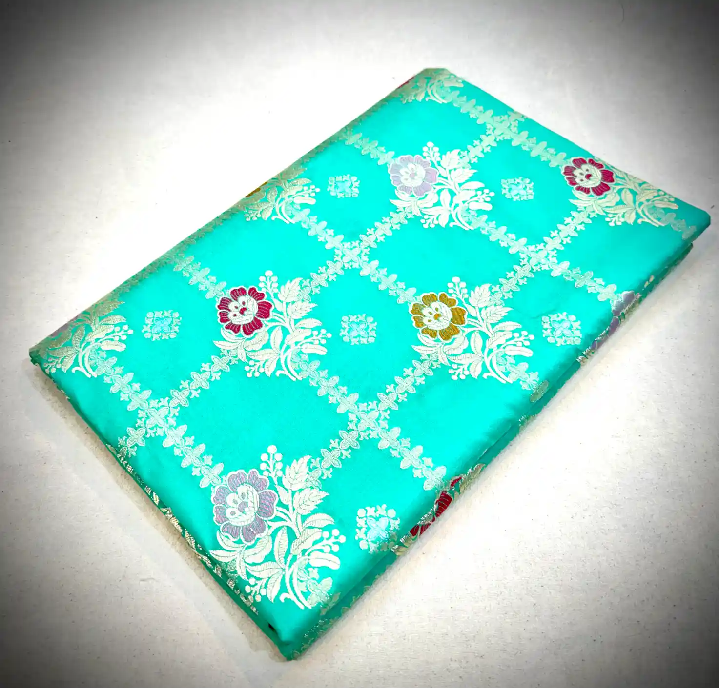Turquoise Green Katan Silk Saree with Floral Lattice Weaving