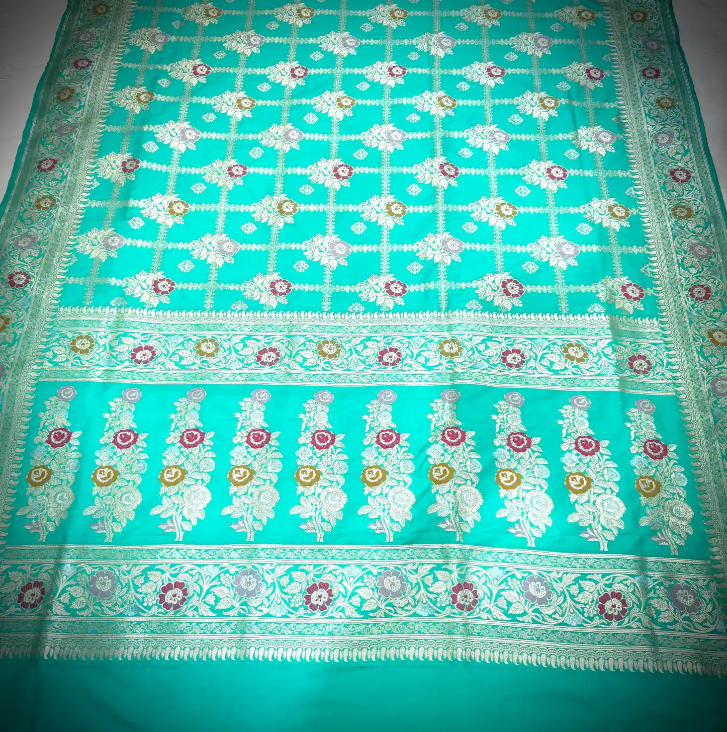 Turquoise Green Katan Silk Saree with Floral Lattice Weaving - Image 2