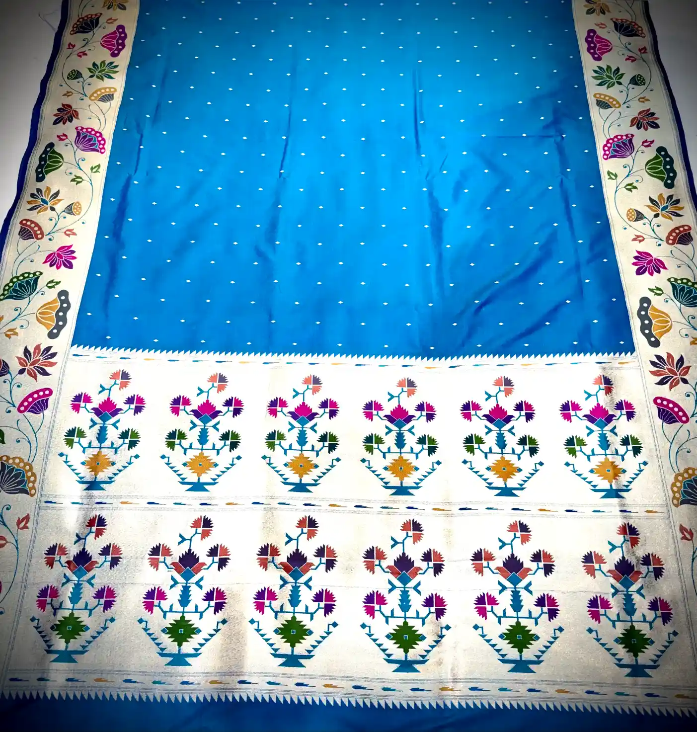 Sky Blue Katan Silk Saree with Minimal Butti Design - Image 4
