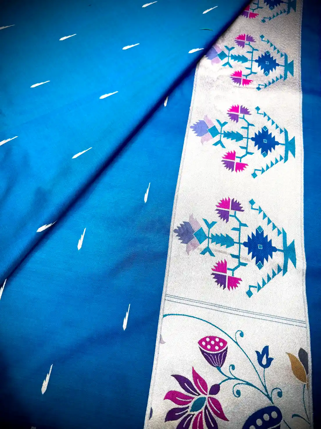 Sky Blue Katan Silk Saree with Minimal Butti Design - Image 3