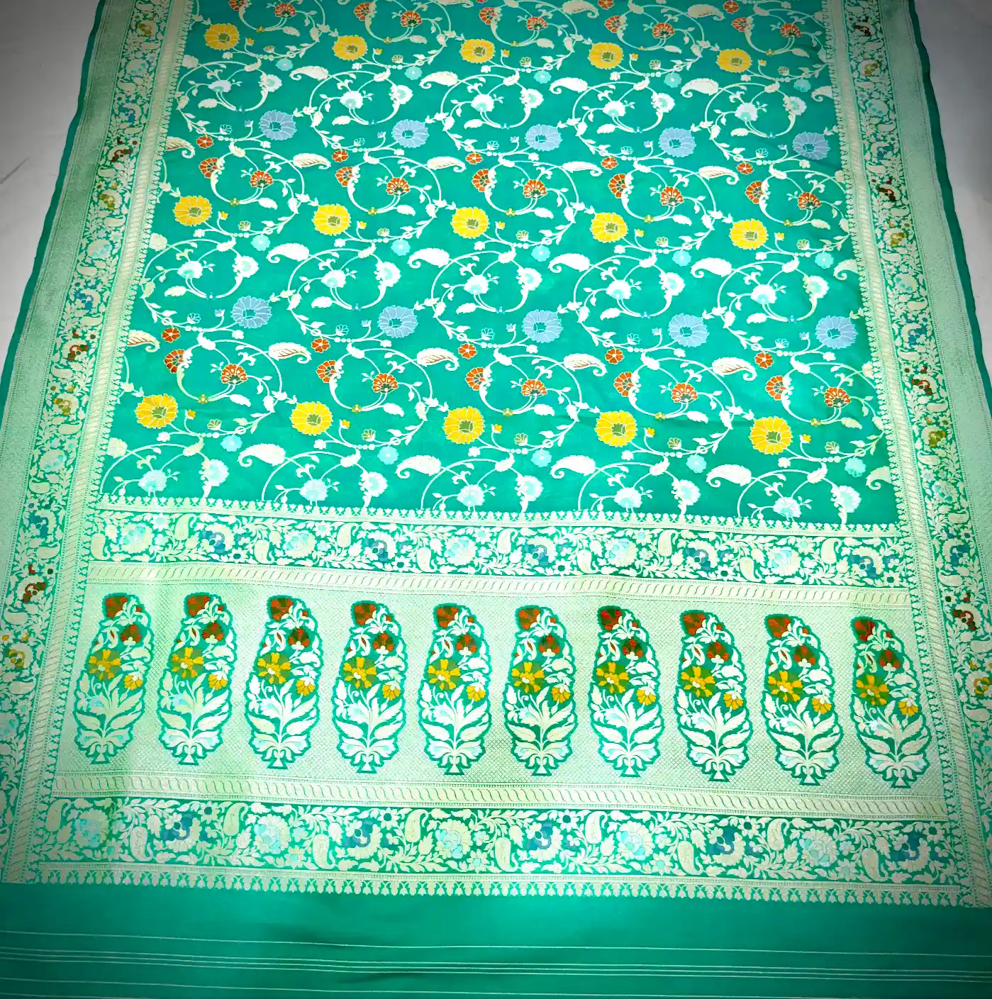 Teal Green Katan Silk Saree with Multicolor Floral Vine Weaving - Image 2