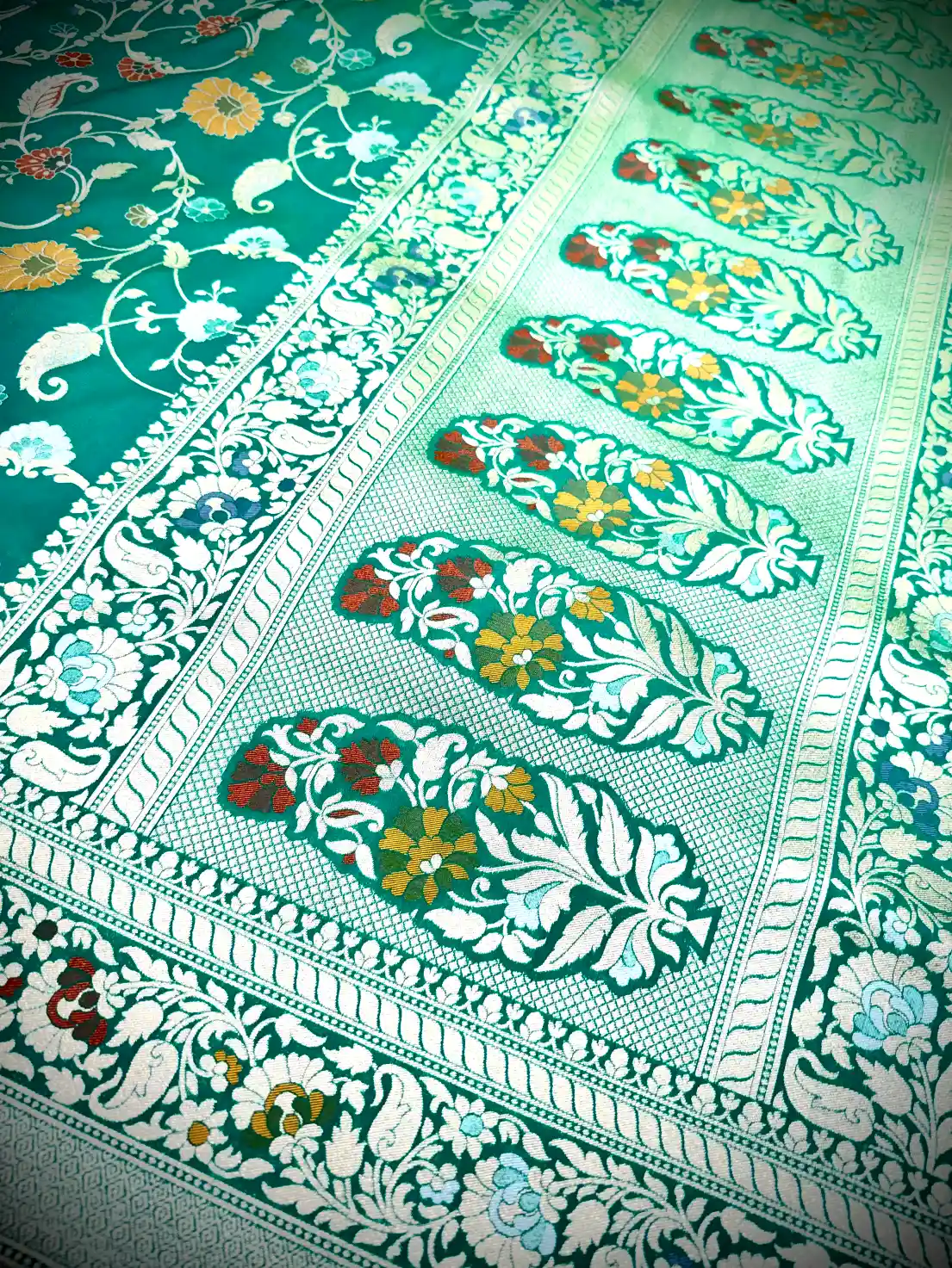 Teal Green Katan Silk Saree with Multicolor Floral Vine Weaving - Image 4